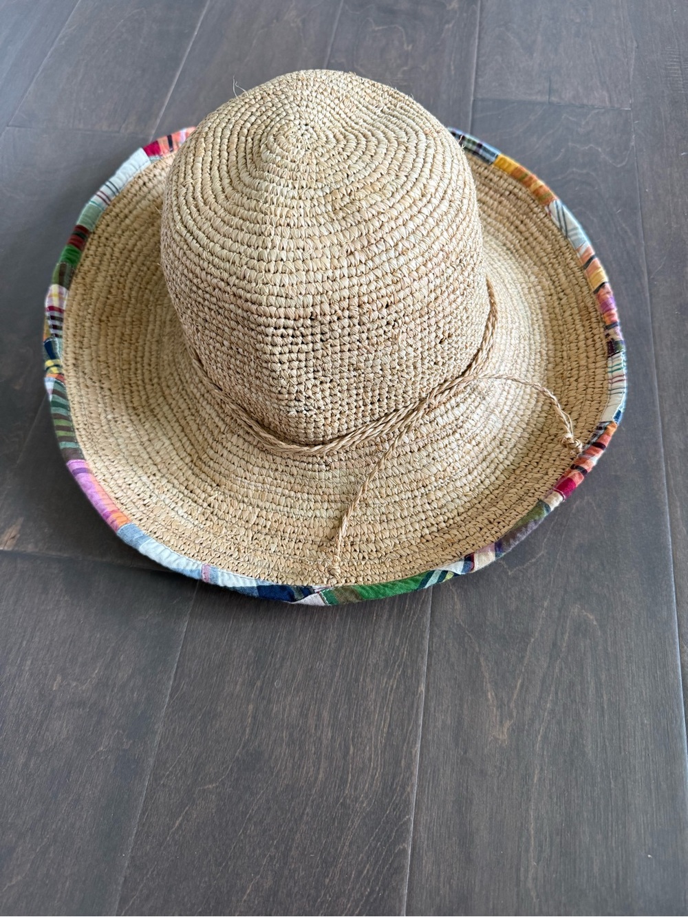 J. Crew Multicolor Plaid Trim Straw Bucket Hat